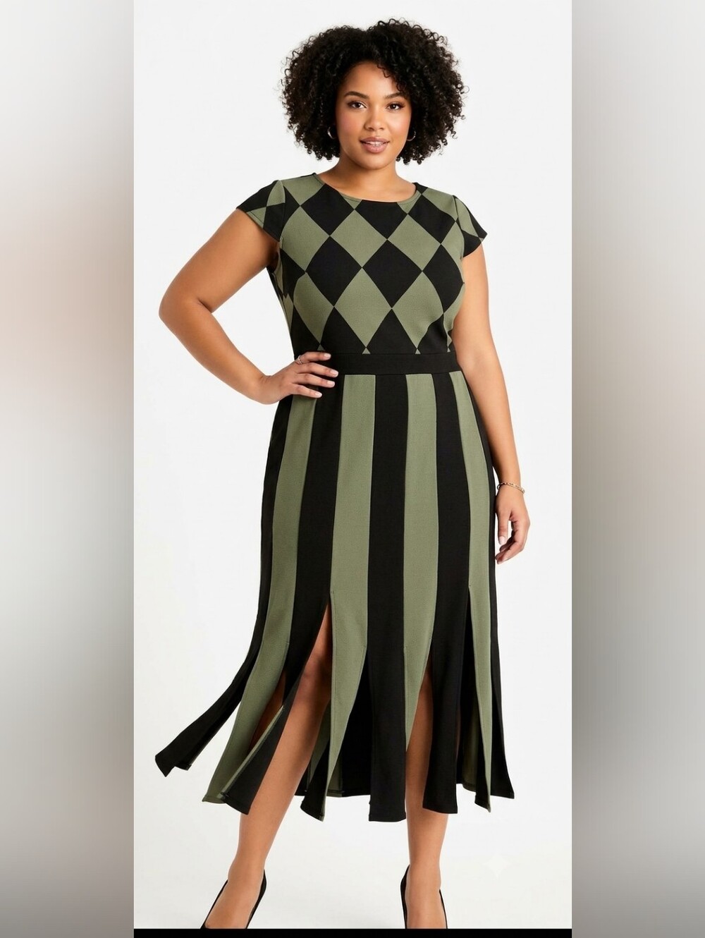 Ashley Stewart Women's Argyle Carwash Hem Dress Green & Black Stripes Sz 12 NWT
